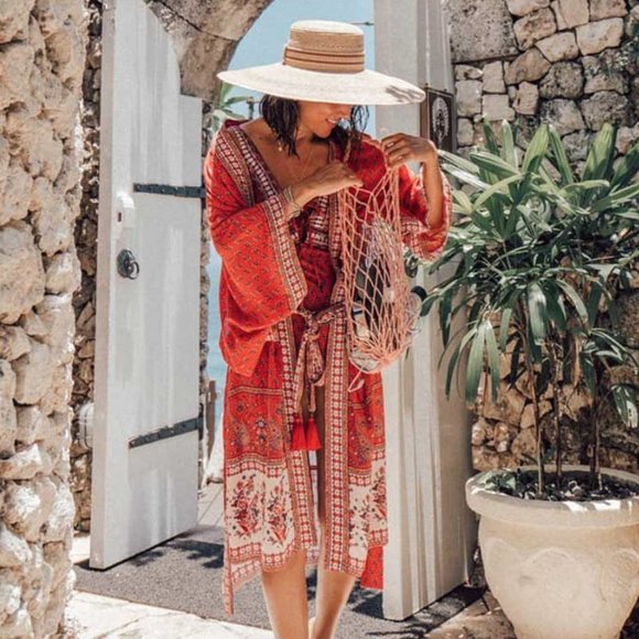 Boho Red Floral Print Kimono Sleeve Belted Cover Up - Picture 1 of 8